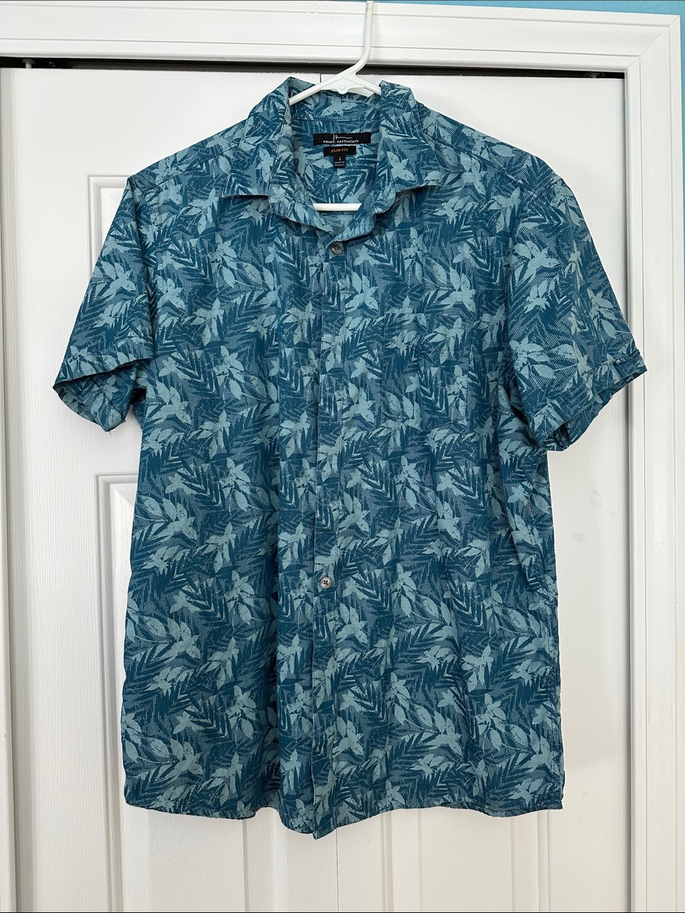 Marc Anthony Teal & Light Blue Tropical Print Button-Down Shirt